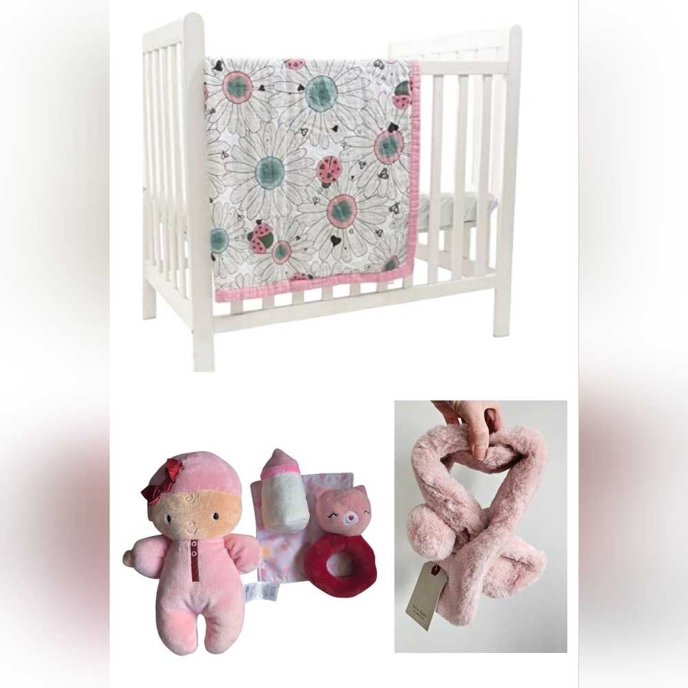 3 Pcs Bundle: JumpOff Stroller Swaddle Blanket, Zara Baby Scarf, Plush Doll Set
